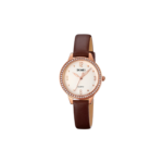 SKMEI 2027 women's analog quartz watch, featuring a rose gold-tone case with crystal accents around the bezel and a brown leather strap.