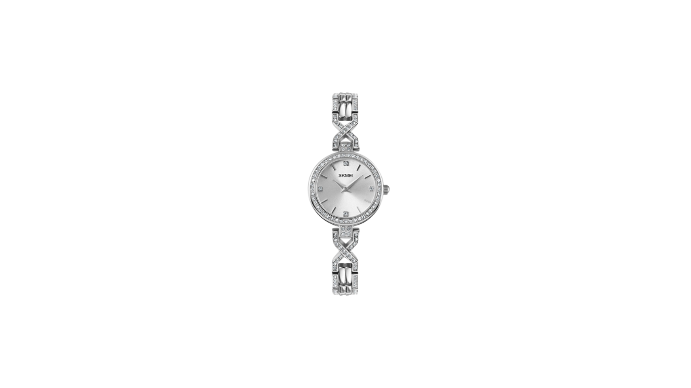 Untitled design Skmei 1738 women's analog quartz watch. It features a silver-tone finish with a crystal-accented bezel and a unique jewelry link bracelet design - Image 1
