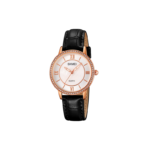 SKMEI 2253 women's quartz wristwatch, featuring a rose gold case with rhinestone accents and a black leather band.