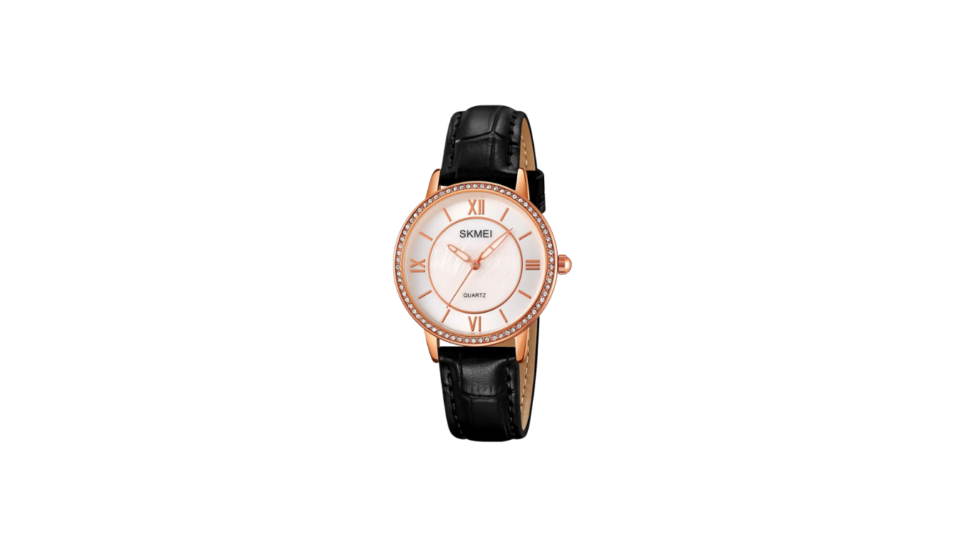 Untitled design SKMEI 2253 women's quartz wristwatch, featuring a rose gold case with rhinestone accents and a black leather band. - Image 1