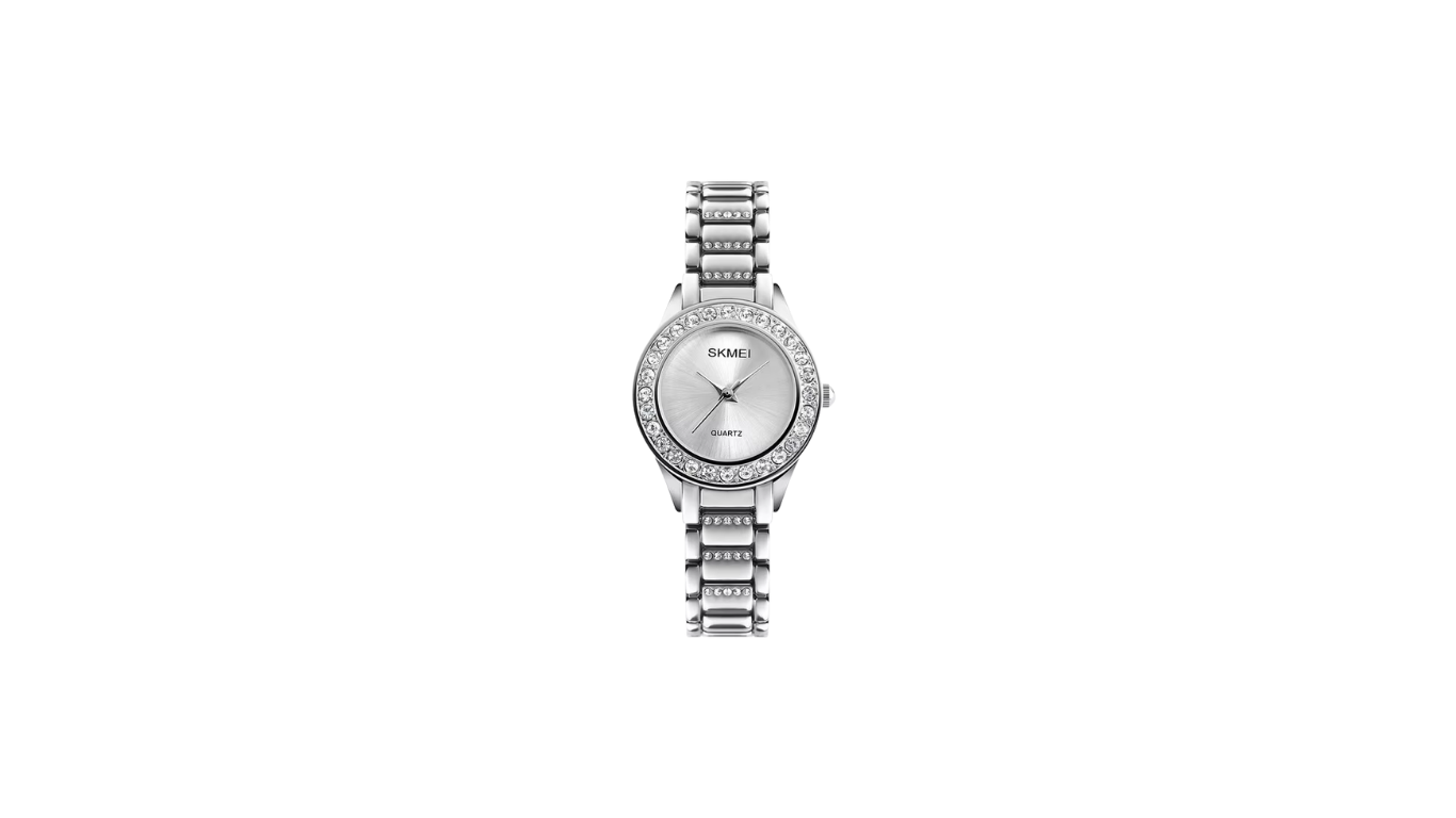 Untitled design (2) SKMEI 1262 women's analog quartz watch with a crystal-adorned bezel and a silver-toned stainless steel strap - Image 1